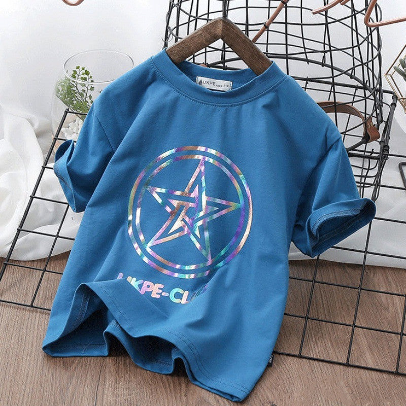 Boys'' Short Sleeve T-shirt Net Red Laser Reflective Cub Children''s Top Fashion