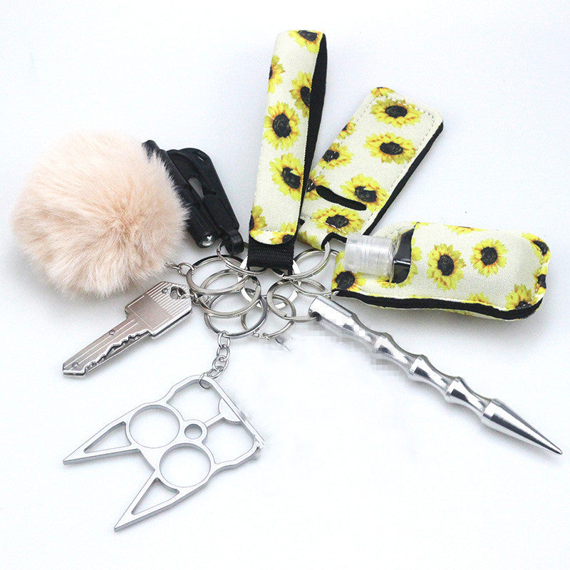 Self Defense Keychain Suit Personal Keychain For Girls Women Safety Key Ring With Hand Sanitizer Bottle Holder Pompom Whistle Image