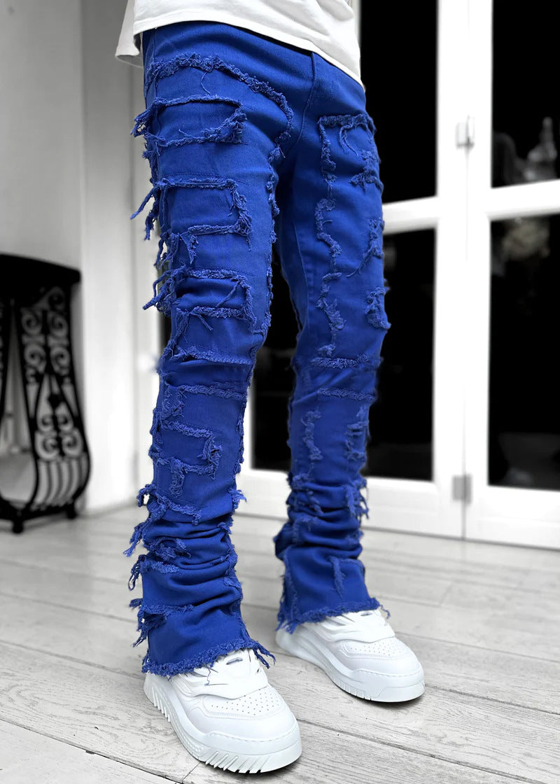 Men Trousers Individual Patched Pants Long Tight Fit Stacked Jeans For Mens Clothing Image