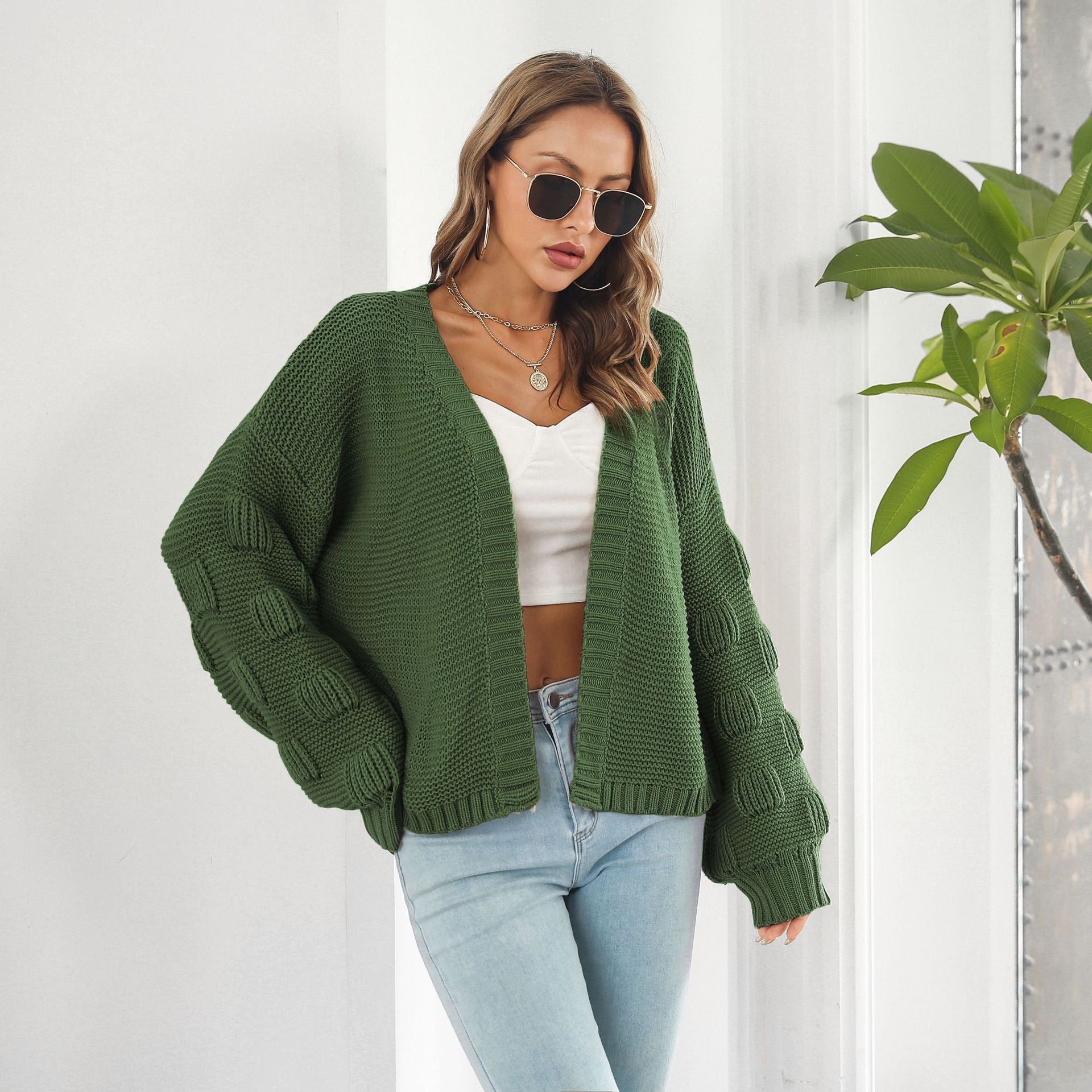 Puff Sleeve Cardigan Sweater Women Clothes Front Chunky Knitwear Coat Image