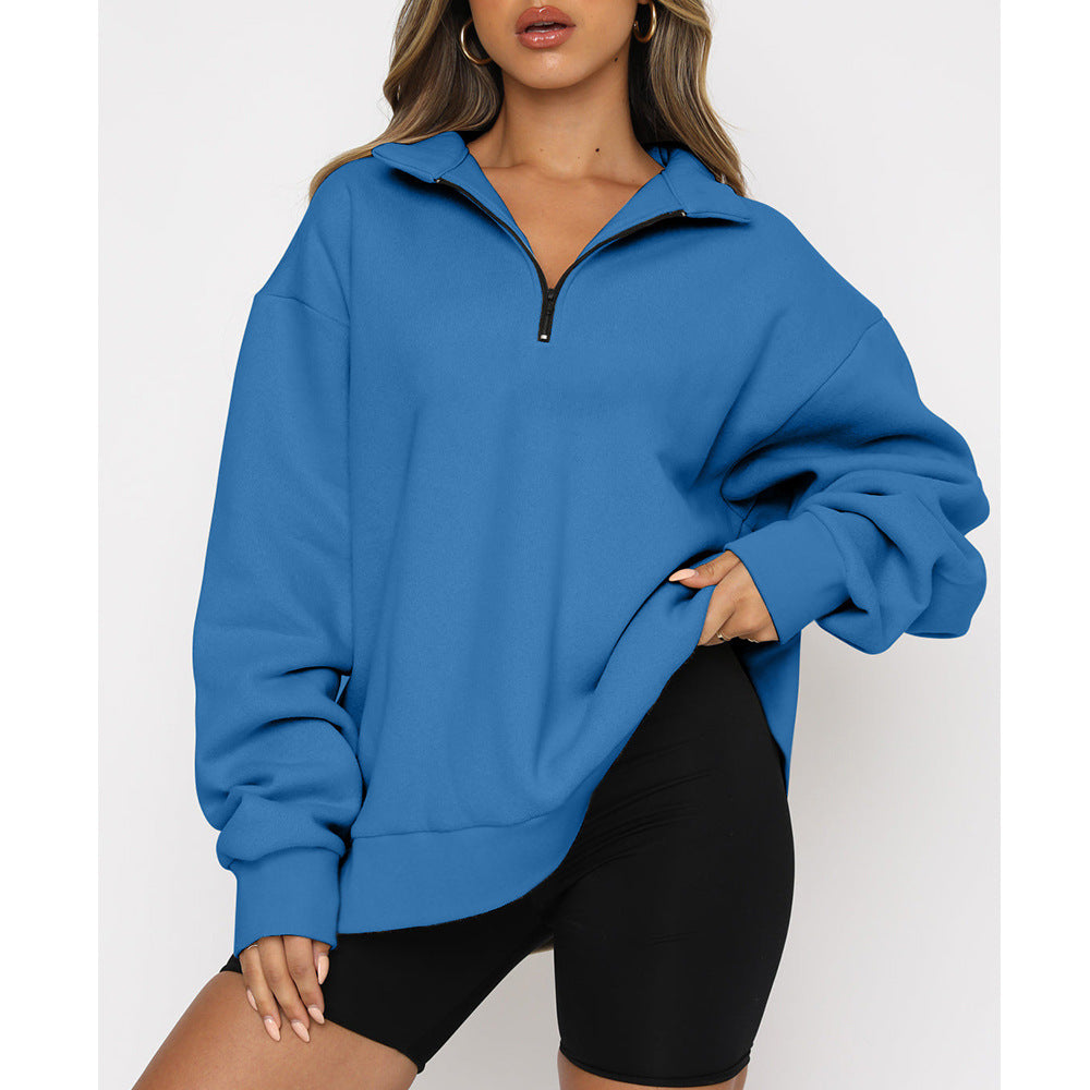 Women Sweatshirts Zip Turndown Collar Loose Casual Tops Clothes Image