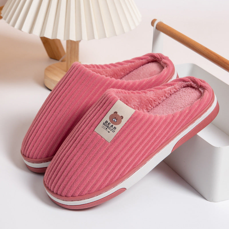 Solid Color Striped Slippers For Women Thick-soled Anti-slip Indoor Warm Plush Home Shoes Couple Women Men Slipper Winter