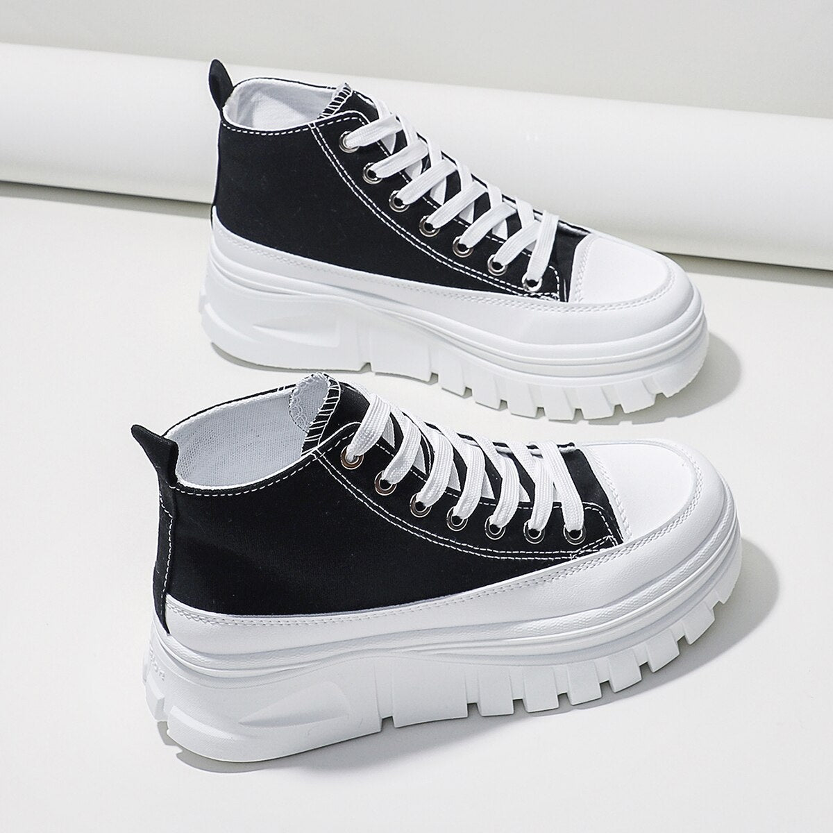 Women Lace-Up Front High Top Flatform Canvas Shoes Image