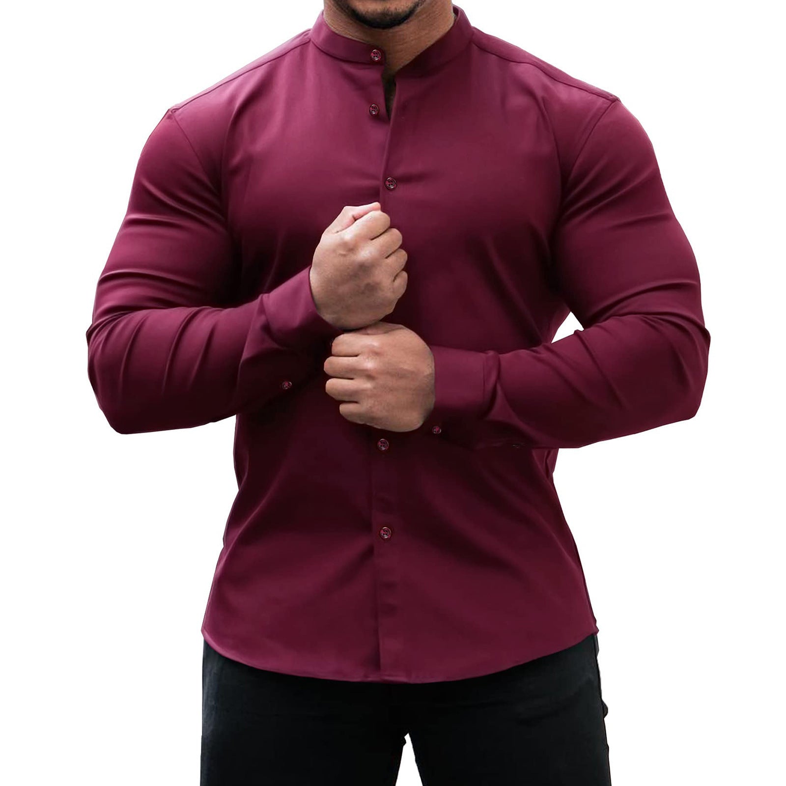 Long Sleeve Shirt Men Casual Button Down Slim Tops Solid Color Casual Mens Clothing Image