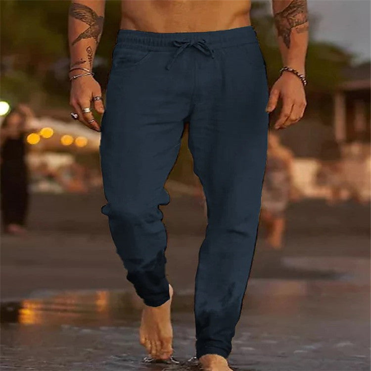 Men's Solid Color Cotton Linen Loose Beach Casual Pants Image