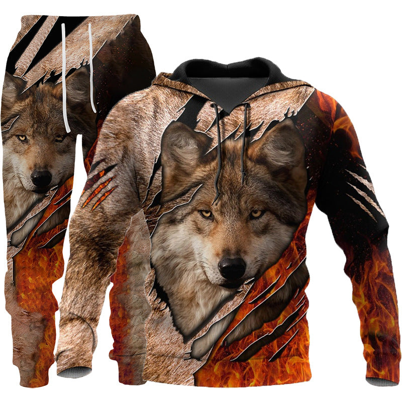 3D Wolf Print Tracksuit Men Sportswear Hooded Sweatsuit Two Piece Outdoors Running Fitness Mens Clothing Jogging Set Image