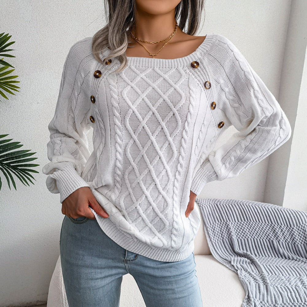 Square Neck Button Fried Dough Twist Knitting Sweater Image