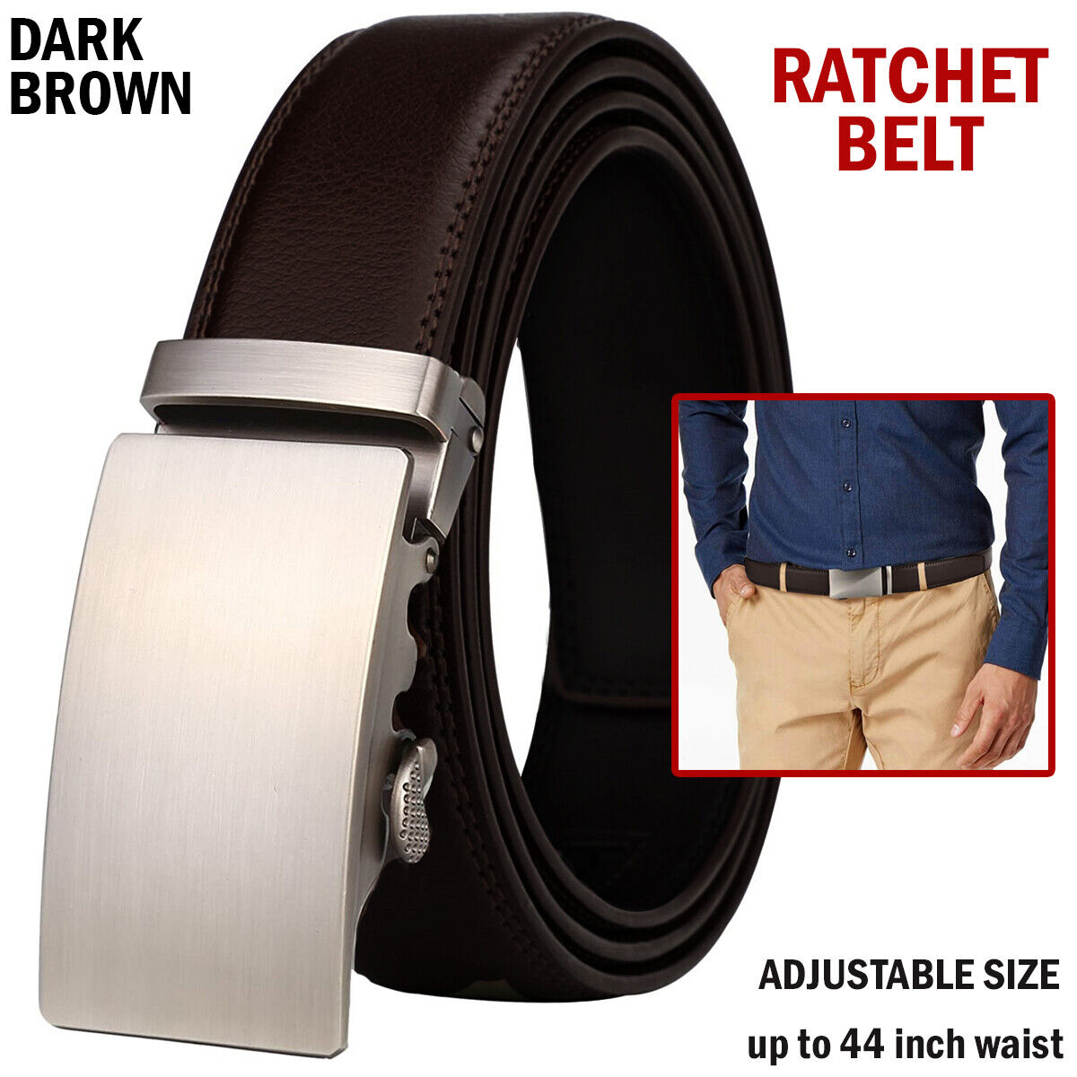 Microfiber Leather Mens Ratchet Belt Belts For Men Adjustable Automatic Buckle Dark Brown Image