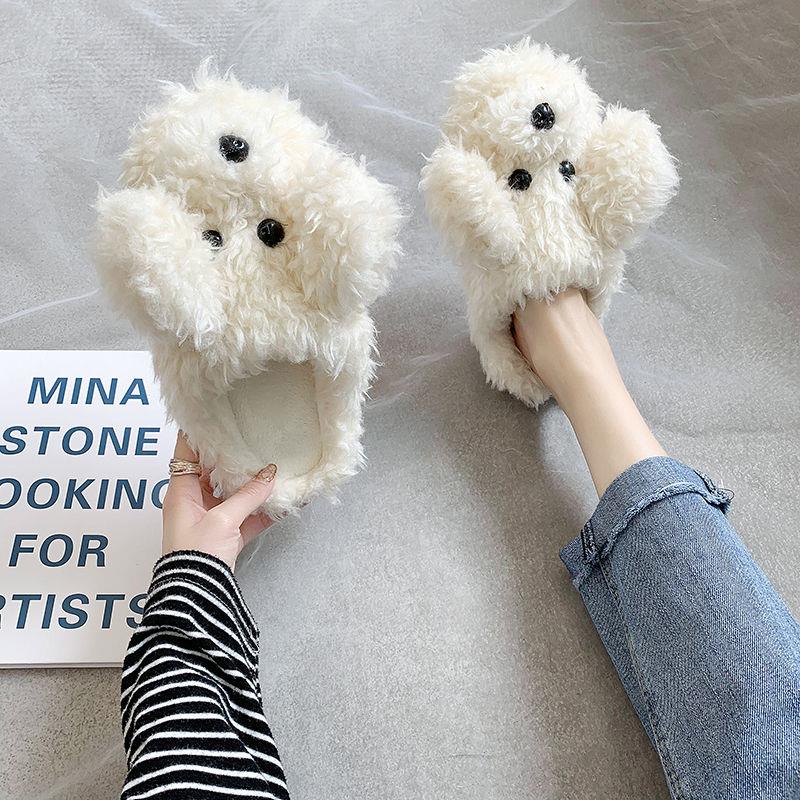 Comwarm Cute Dog Short Plush Slippers For Women 2023 Winter Warm Furry Cotton Shoes Couples Home Indoor Bedroom Cozy Slippers Image