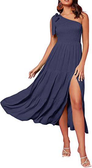 2023 New Summer Fashion Women's One-shoulder Pleated Layered Hem Split Dress Image