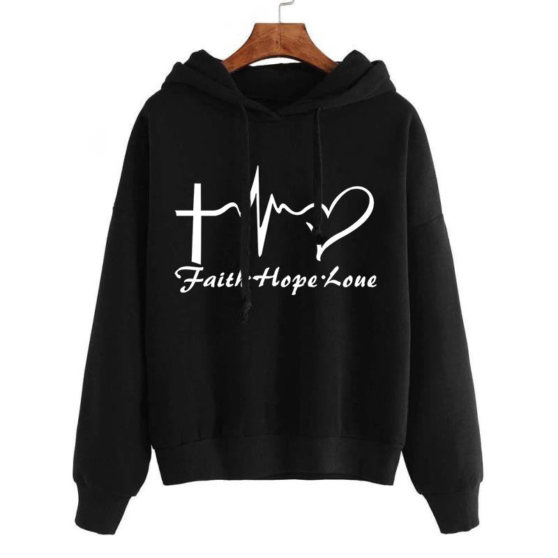 Heart Print Hoodie Sweatshirt Pullover Tops Women Long Sleeve Sports Clothes Image