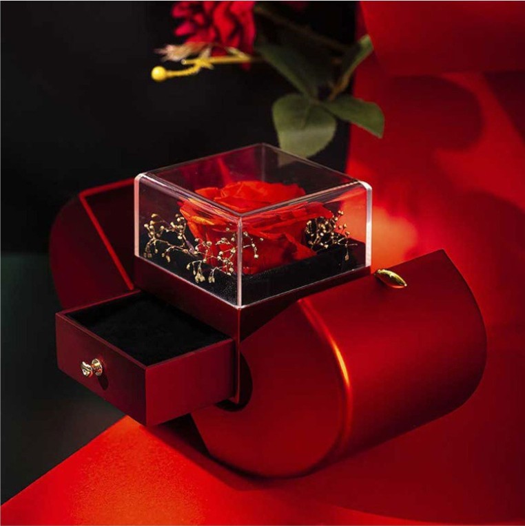 Fashion Jewelry Box Red Apple Christmas Gift Necklace Eternal Rose For Girl Mother's Day Valentine's Day Gifts With Artificial Flower Rose Flower Jewelry Box Image