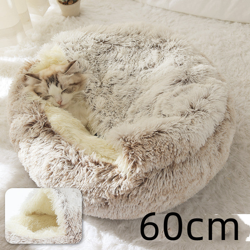 2 In 1 Dog And Cat Bed Pet Winter Bed Round Plush Warm Bed House Soft Long Plush Pets Bed Image