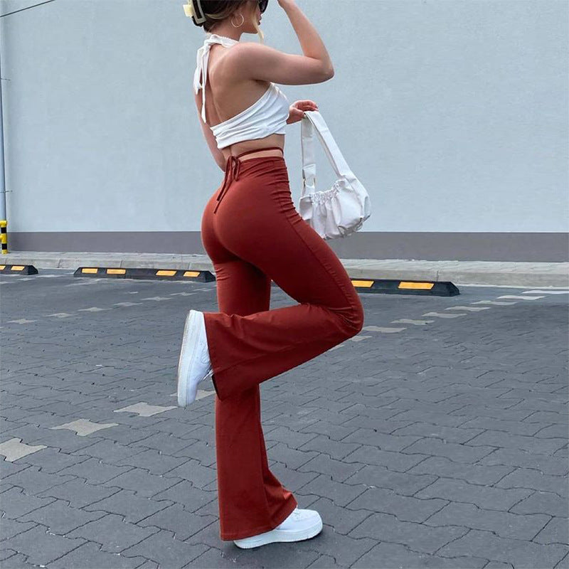 Women's High-waist Elastic Lace-up Solid Color Trousers Image