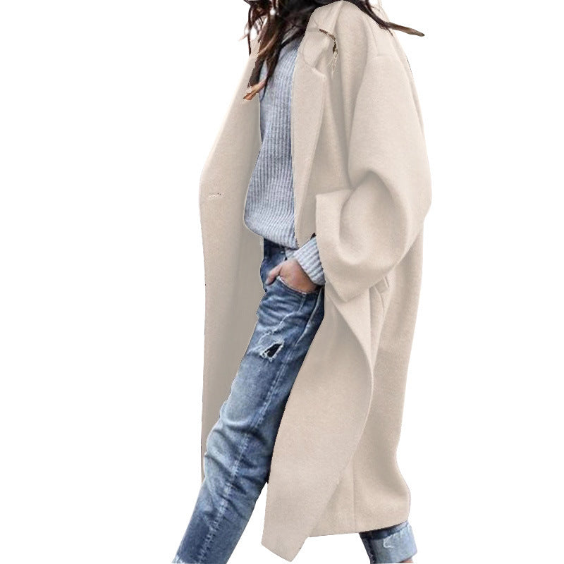 Casual Long Jacket With Pockets Solid Color Single Breasted Lapel Woolen Coat For Women Warm Winter Clothing Image