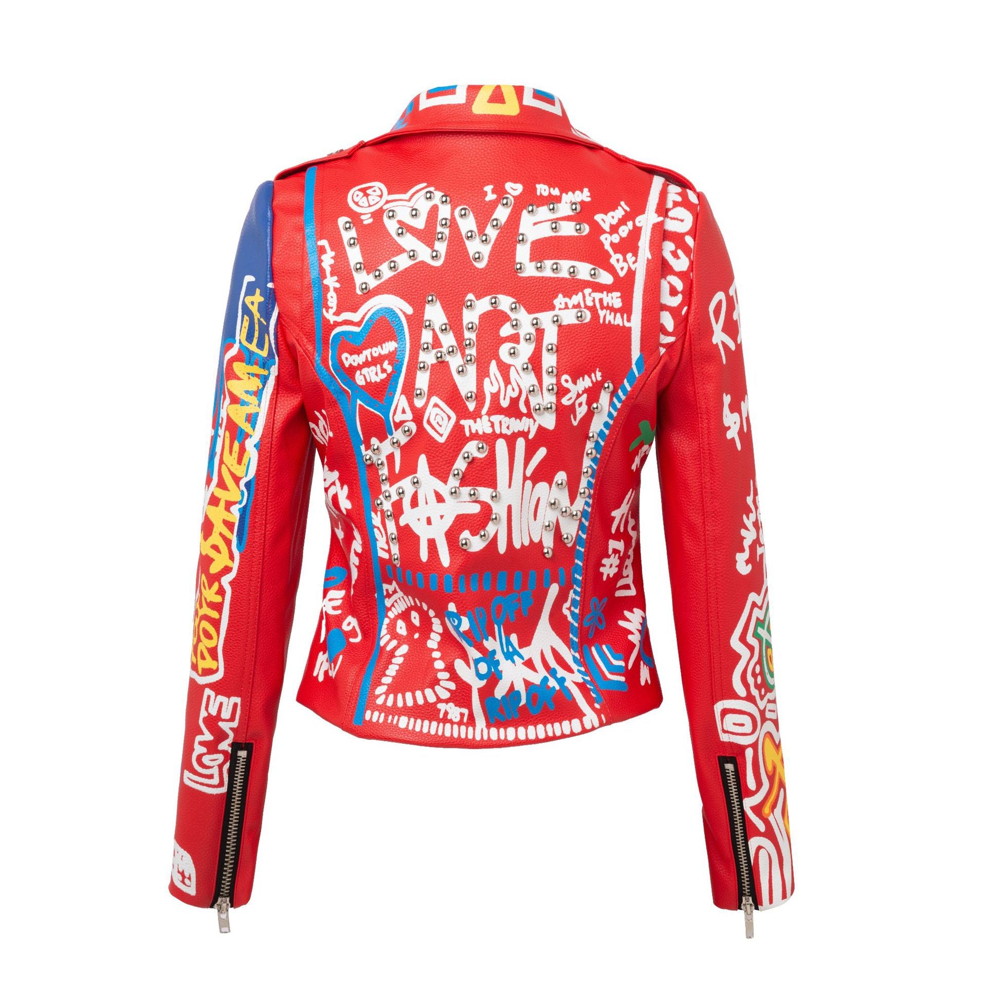 Lapel Slim Motorcycle Long Sleeve Graffiti Belt Red Leather Women Image