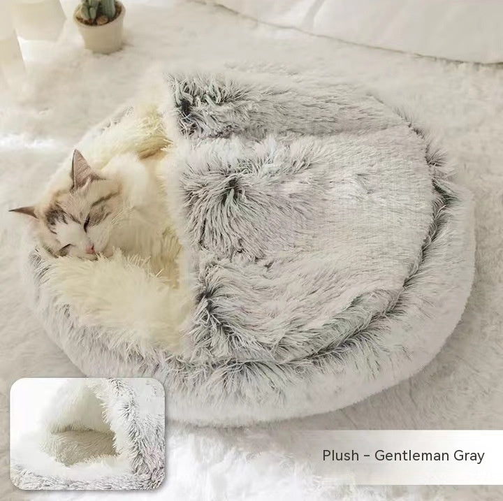 2 In 1 Dog And Cat Bed Pet Winter Bed Round Plush Warm Bed House Soft Long Plush Pets Bed Image