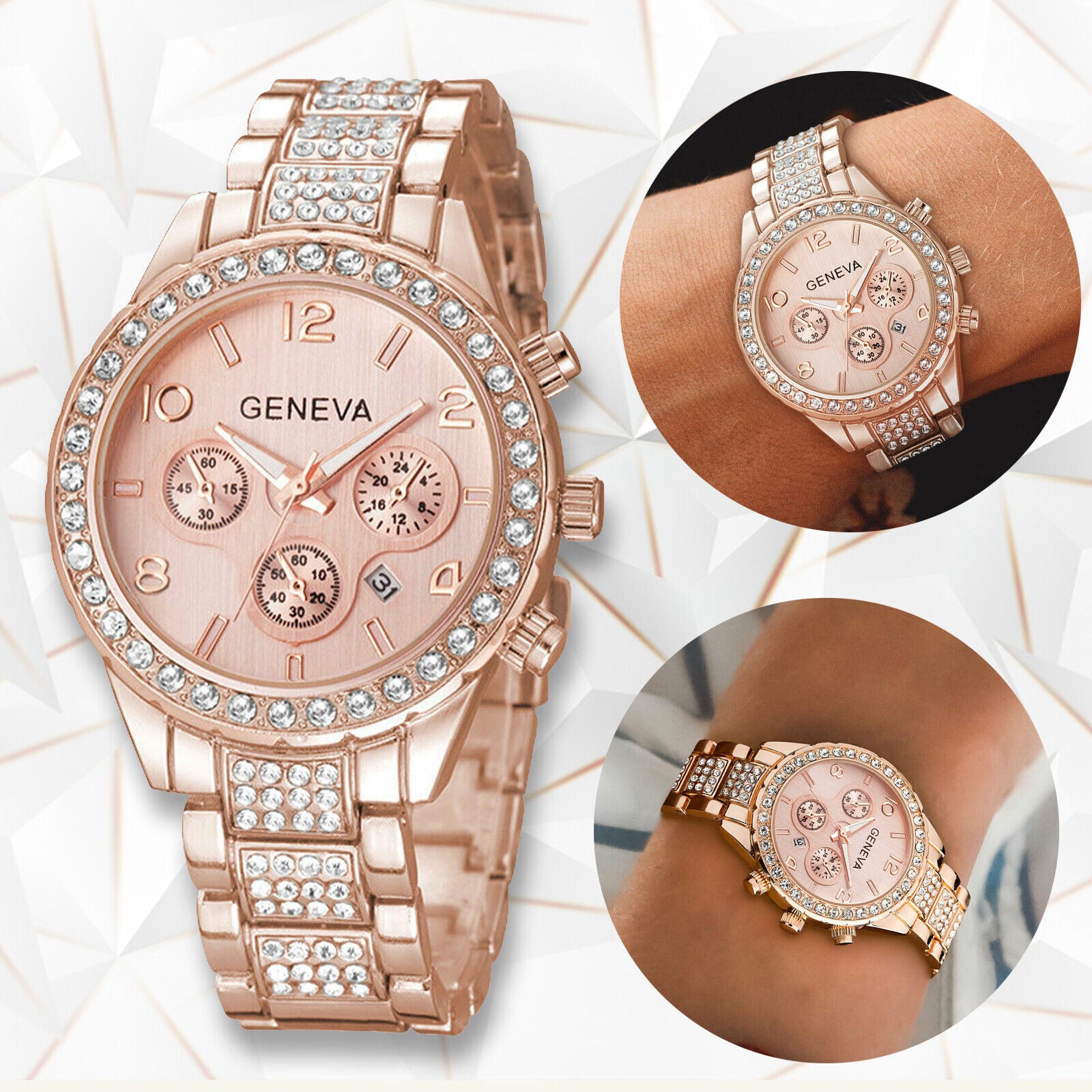 Waterproof Women Luxury Classic Stainless Steel Crystal Quartz Round Wrist Watch Image