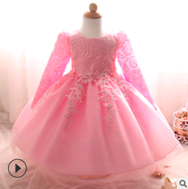 Long-sleeved girls dress rose children's wedding dress skirt Image