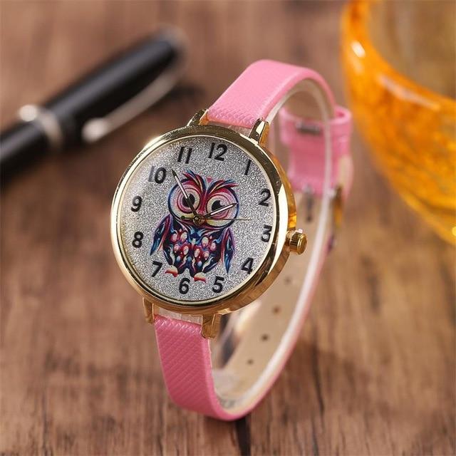 Owl student cartoon watch female model thin belt watch Image