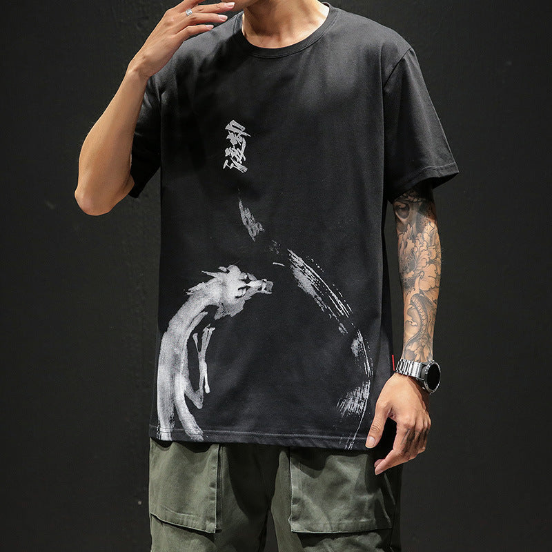 Men's loose T-shirt with ink printing Image