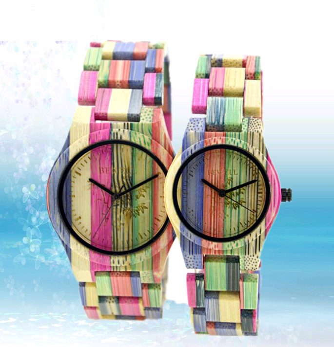 Colored Bamboo Wood Carving Couple Watch Image