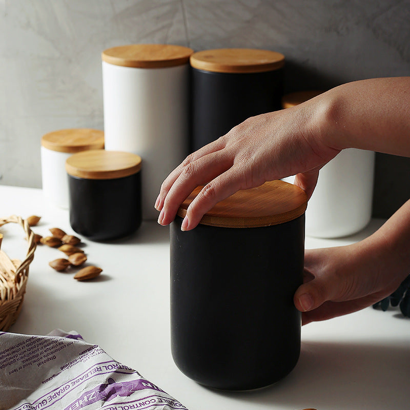 Kitchen ceramic wooden lid sealed storage jar Image