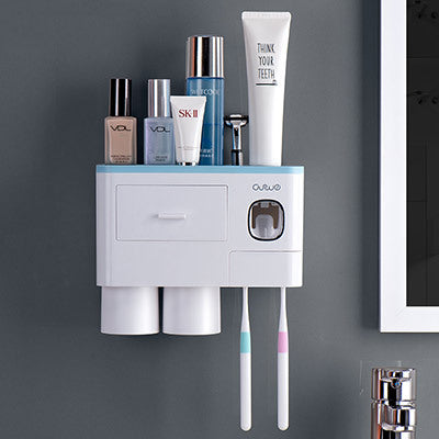 Non-marking Hanging Magnetic Toothbrush Holder Single Drawer Storage Rack With Toothpaste Squeezer Toiletry Set Image