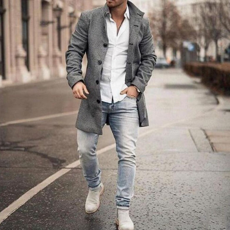 New men's woolen stand collar mid-length casual coat with pockets Image