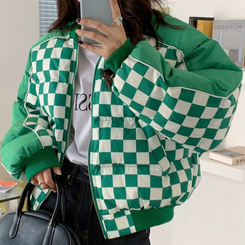 Retro Fried Street Contrast Color Checkerboard Casual Padded Jacket Image