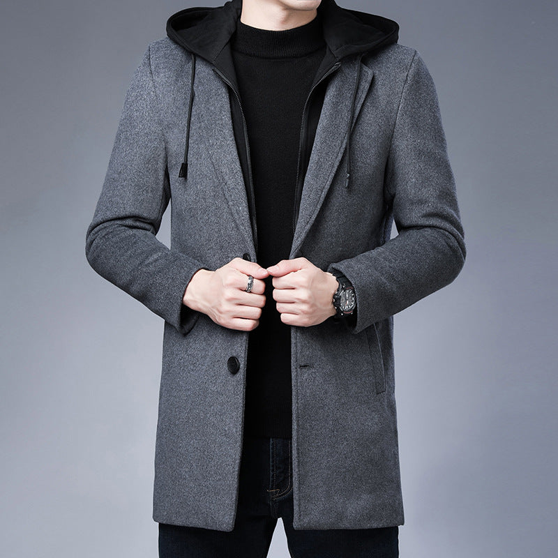 Mens Detachable Hooded Woolen Winter Coat Jacket Mid-Length Single Breasted Image