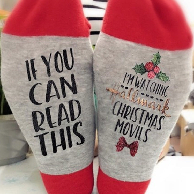 New Funny Winter Creative Art Lettered Wine Socks Xmas Gift If You Can Read Watching Christmas Movies Home Image