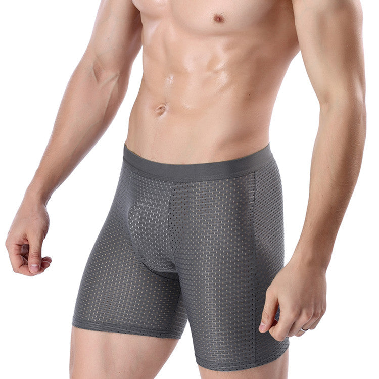 Men's sports underwear long ice mesh eye sexy breathable boxer briefs running wear leg long pants Image