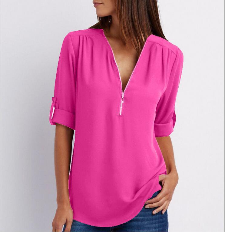 Zip V-neck Shirts Women Short Sleeve Loose Tops Image