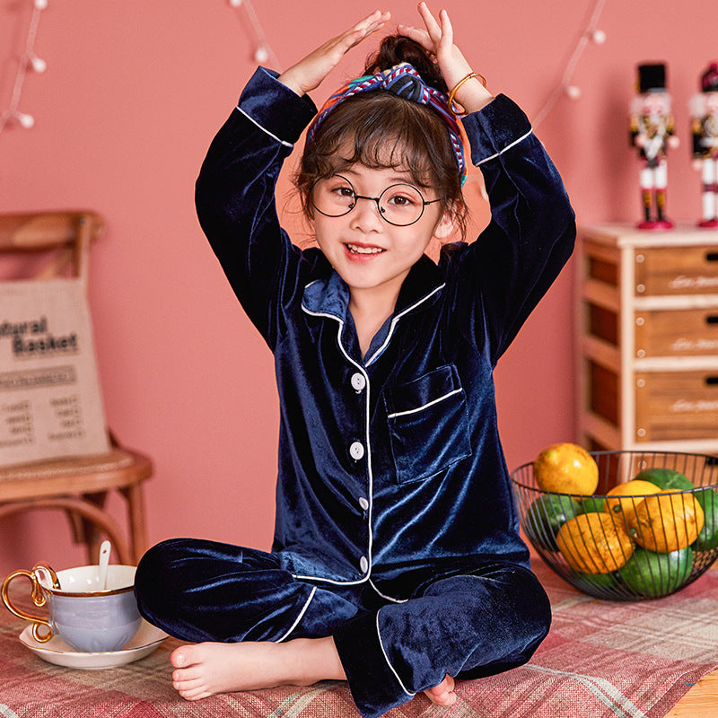 Children's Gold Velvet Solid Color Pajamas Set Image