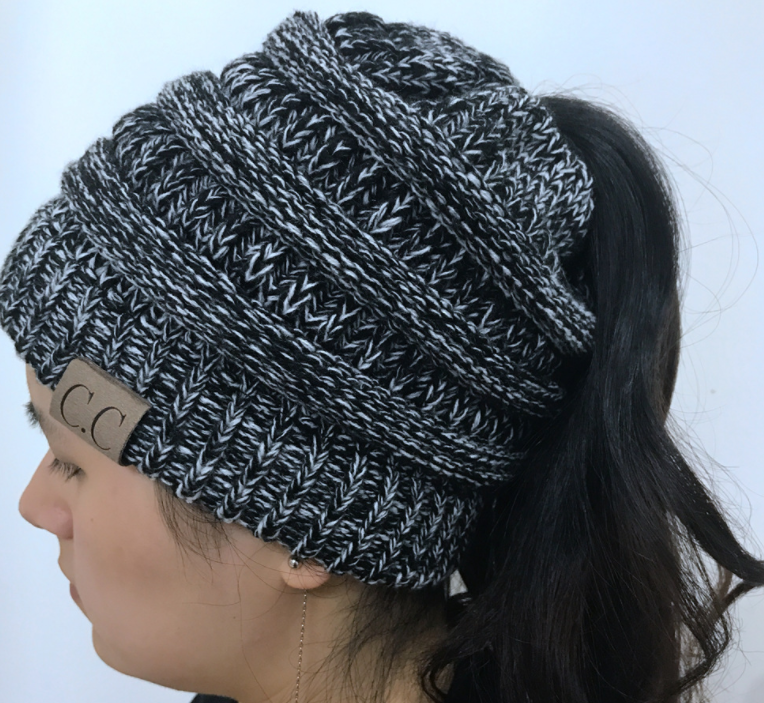 High Bun Ponytail Beanie Hat Chunky Soft Stretch Cable Knit Warm Fuzzy Lined Skull Beanie Acrylic Hats Men And Women Image