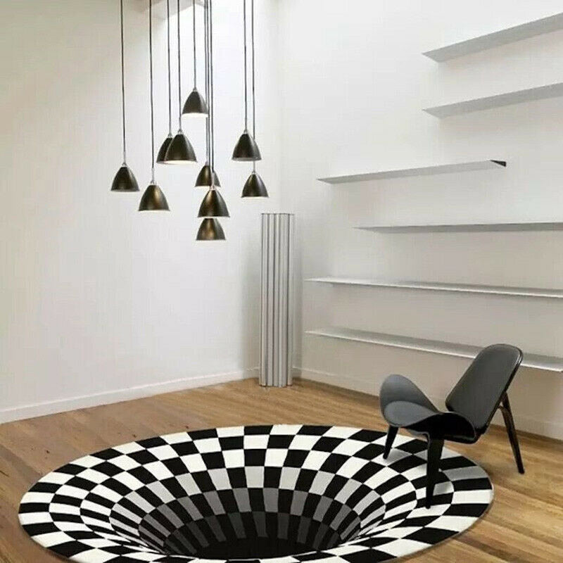 3D Vortex Carpet Black White Grid Bottomless Hole Illusion Rug Living Room Bedroom Anti-Slip Floor Mats Home Fashion Carpet Rugs Image