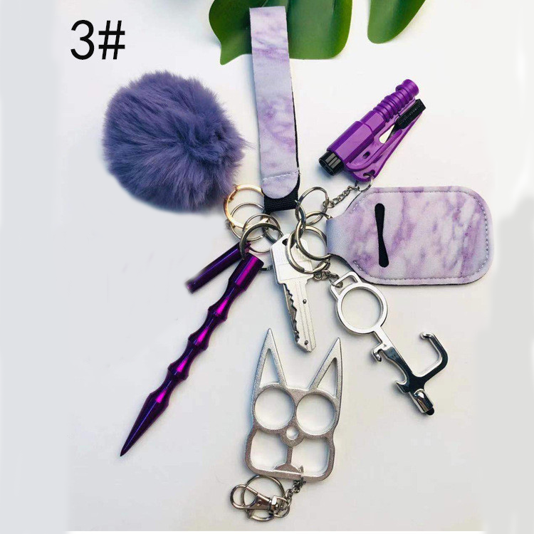 Self Defense Keychain Suit Personal Keychain For Girls Women Safety Key Ring With Hand Sanitizer Bottle Holder Pompom Whistle Image