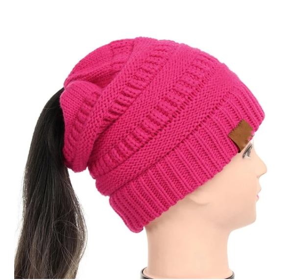 High Bun Ponytail Beanie Hat Chunky Soft Stretch Cable Knit Warm Fuzzy Lined Skull Beanie Acrylic Hats Men And Women Image