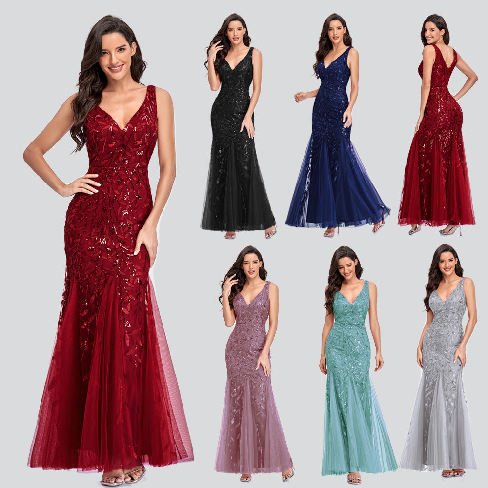 Sexy Long Dress Sleeveless V-neck Embroidered Sequin Slim Mermaid Dress Image