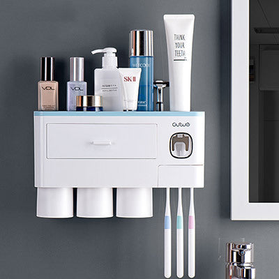 Non-marking Hanging Magnetic Toothbrush Holder Single Drawer Storage Rack With Toothpaste Squeezer Toiletry Set Image