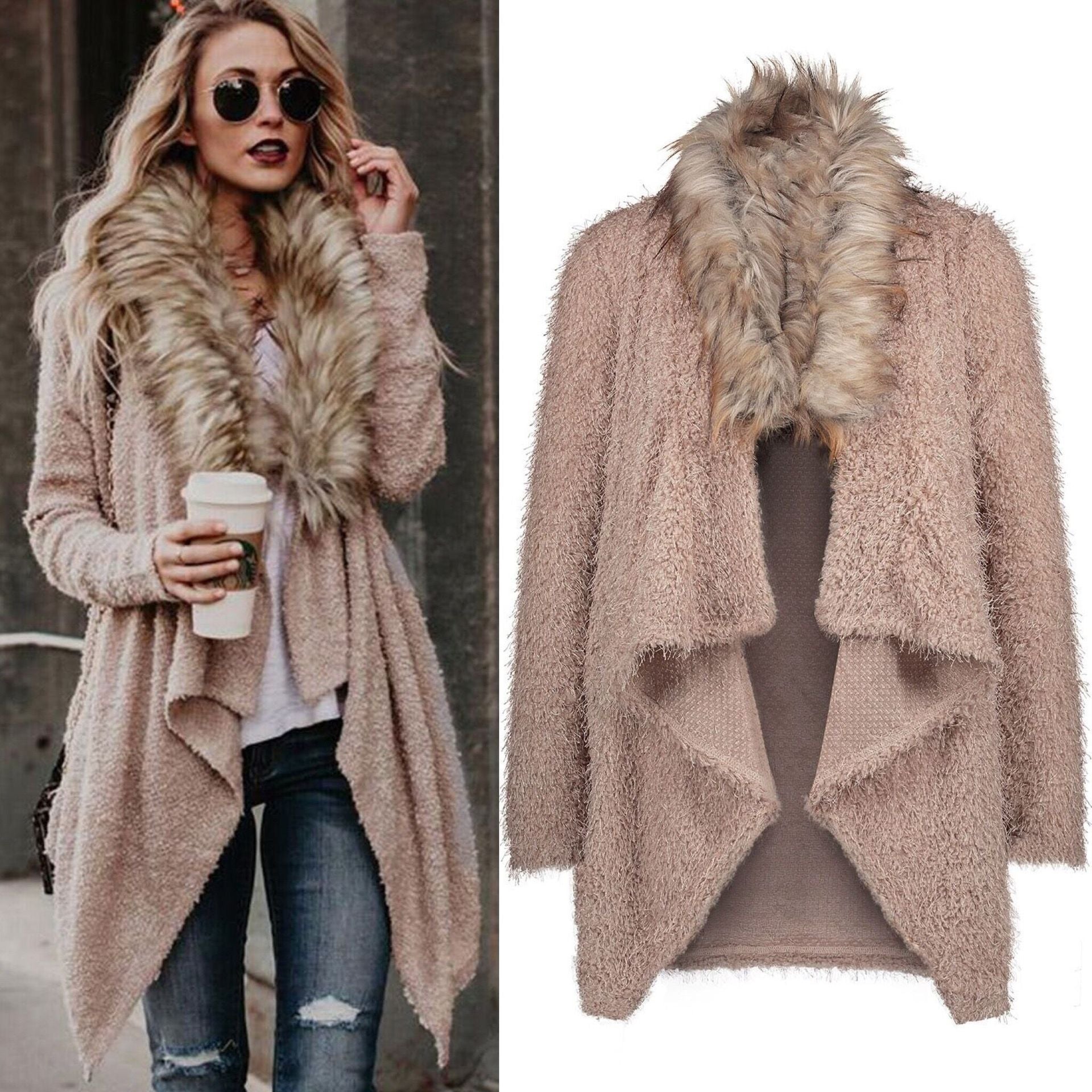 Fur collar cardigan plush trench coat Image