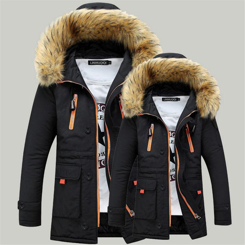 2021 new men's cotton winter fur collar fashion cotton clothing warm jacket cotton jacket long solid color men's clothing Image