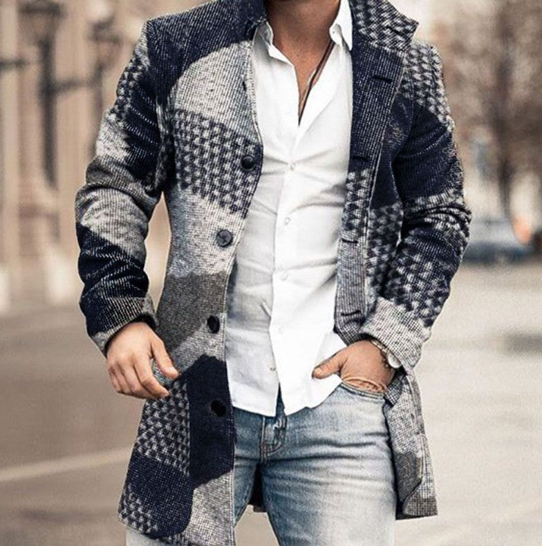 New men's woolen stand collar mid-length casual coat with pockets Image