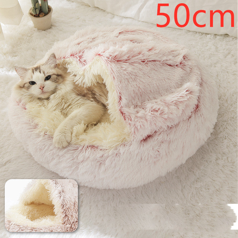 2 In 1 Dog And Cat Bed Pet Winter Bed Round Plush Warm Bed House Soft Long Plush Pets Bed Image