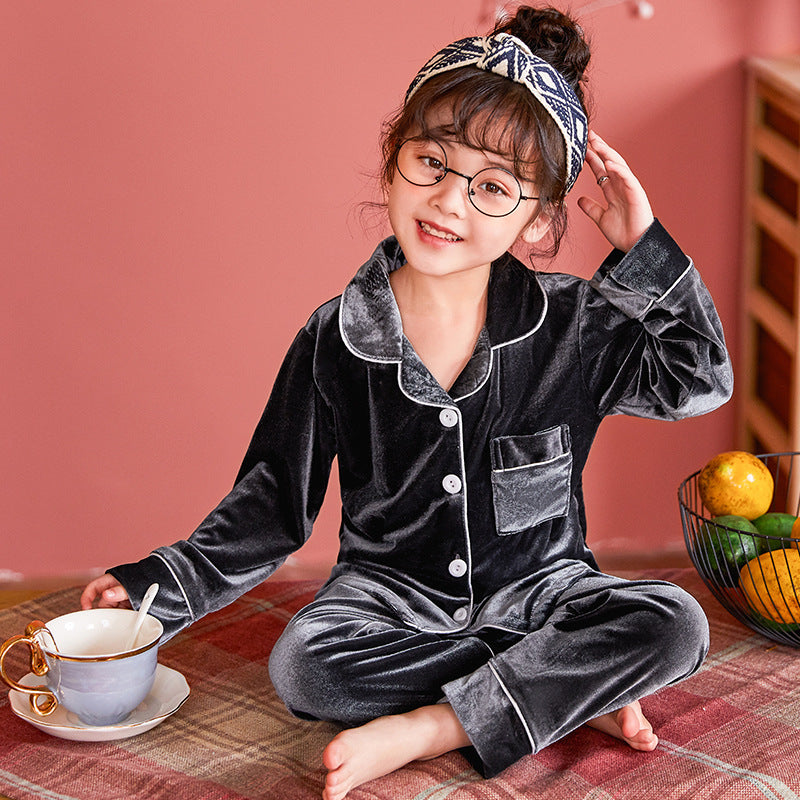 Children's Gold Velvet Solid Color Pajamas Set Image