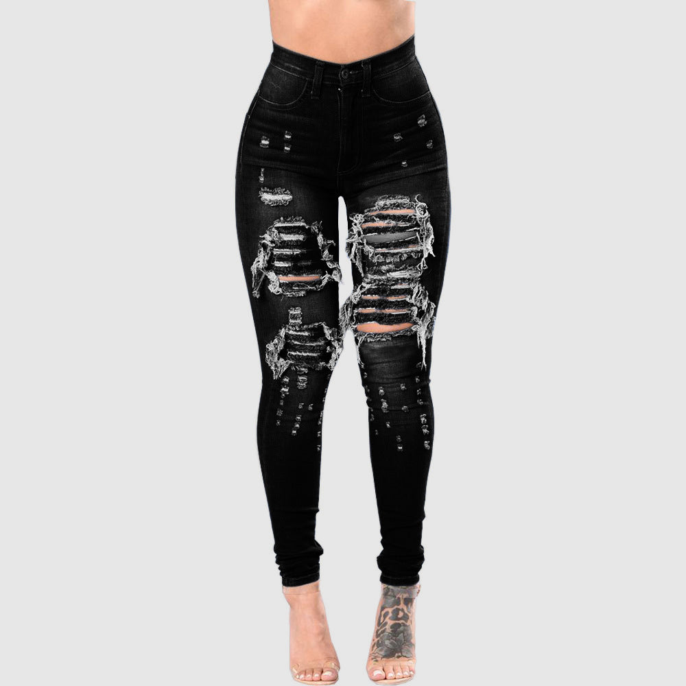 Women's Ripped Denim Washed Denim Pants Image