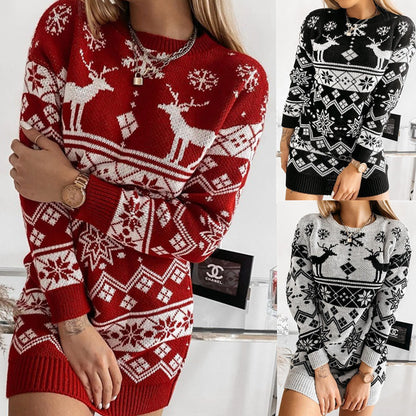 Elk Snowflake Christmas Jacquard Knitted Dress Long Knitted Sweaters