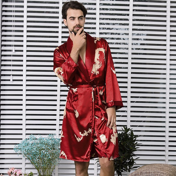 Men's simulation silk long sleeve nightgown Image