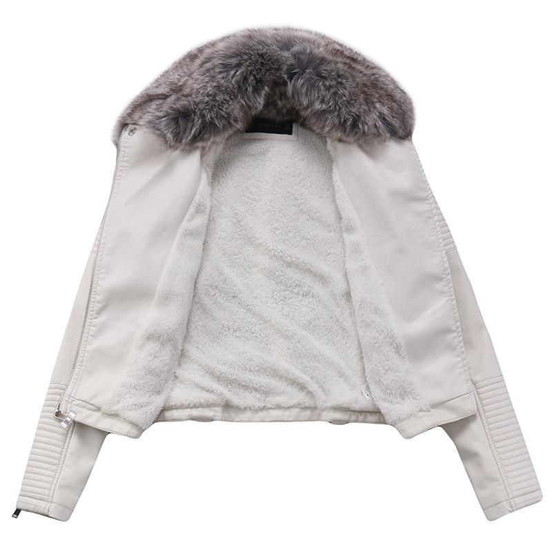 DETACHABLE FUR COLLAR WARM FAUX LEATHER JACKET Image